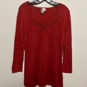 JM Collection Red Beaded V-Neck Sweater Vintage-Inspired Embellished Knit Top
